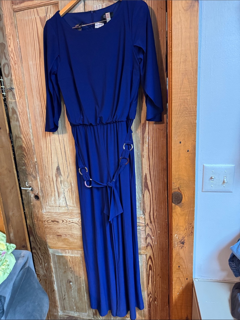MSK Women's navy Blue jumper wide legs with Ring Belt med round neck